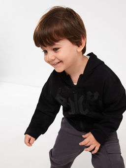Kap??onlu Uzun Kollu Bask?l? Erkek Bebek Fermuarl? Sweatshirt