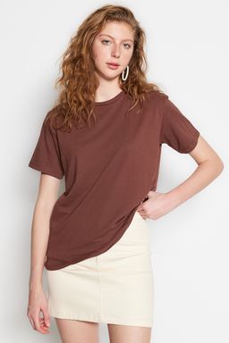 Kahverengi %100 Pamuk Bisiklet Yaka Oversize/Genis Kal?p Orme T-Shirt TWOSS20TS0134