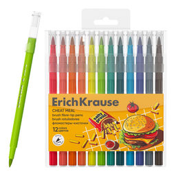 АКЦИЯ Цена за 24 шт. Фломастеры-кисточки ErichKrause Cheat Meal, 12 цветов (в футляре с европодвесом 12 шт)