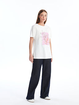 Bisiklet Yaka Bask?l? K?sa Kollu Kad?n Ti??rt