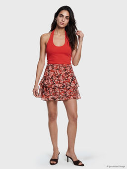 Slim Fit ?i?ekli Katkat Mini ?ortlu Etek