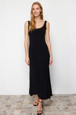 Siyah Duz Maxi Ask?l? Skater/Belden Ac?lan Esnek Orme Elbise TWOSS24EL00411 - Trendyolmilla фото 2