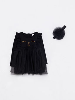 Bisiklet Yaka Uzun Kollu Bask?l? K?z Bebek Elbise ve Sa? Band? 2li Tak?m