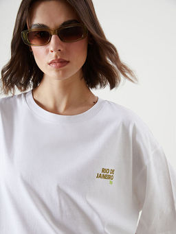 Bisiklet Yaka Bask?l? Oversize Kad?n Ti??rt
