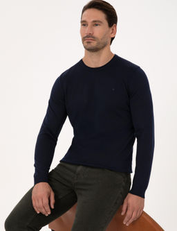 Lacivert Slim Fit Y_n Kar___ml_ Bisiklet Yaka Basic Triko Kazak - Cacharel фото 3