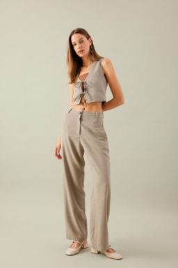 Straight Fit Cepli Yuksek Bel Genis Paca Uzun Boy Keten Kar?s?ml? Kumas Pantolon