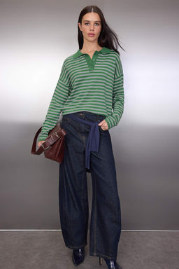 Wardrobe Essentials Yesil Premium Iplik/Ozel Iplikli Genis Kal?p Cizgili Triko Kazak TWOAW26KZ00195