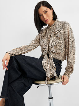 Блузка с отлетными рюшами OD-914-5 бежевый с черным