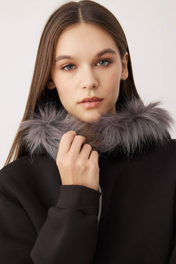 Siyah Fermuarl? Tuylu Kapusonlu Cepli Regular/Normal Kal?p Kal?n Orme Sweatshirt TWOAW26SW00176 - Trendyolmilla фото 2