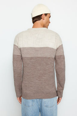 TRENDYOL MAN Bej Slim Fit Dar Kesim Bisiklet Yaka Renk Bloklu Kazak TMNAW21KZ0543 - Trendyolmilla фото 6