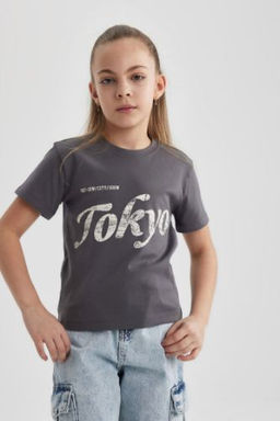 K?z Cocuk Slim Fit Dar Kesim Bisiklet Yaka Fitilli Kaskorse Bask?l? K?sa Kollu Tisort