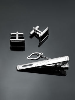 Набор мужской медный Запонки + Зажим для галстука прямоугольник с эмалью, чёрно-серебристый