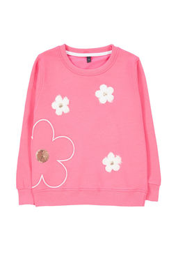 Fusya K?z Cocuk Mevsimlik-Ince Cicek Nak?sl? Bisiklet Yaka Orme Sweatshirt TKDAW25SW00008