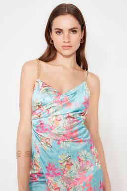 TRENDYOLMILLA Cok Renkli Cicek Bask?l? Dokuma Saten S?k Abiye Elbise TPRSS21EL3753 фото 3