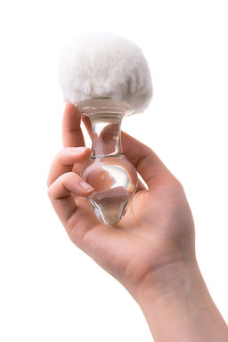 Анальная втулка Sexus Glass, с белым хвостиком, стекло, прозрачная, 14 см, 4 см