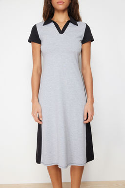 Siyah Polo Yaka Renk Bloklu Skater/Belden Ac?lan Pamuklu Esnek Orme Midi Elbise TWOSS24EL00480