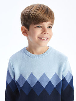 Bisiklet Yaka Desenli Uzun Kollu Erkek ?ocuk Triko Kazak