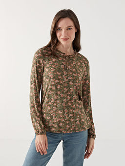 Ba?lamal? Yaka Desenli Uzun Kollu Kad?n Bluz