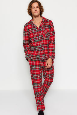 TRENDYOL MAN K?rm?z? Regular Fit Ekose Dokuma Pijama Tak?m? TMNAW24PT00019