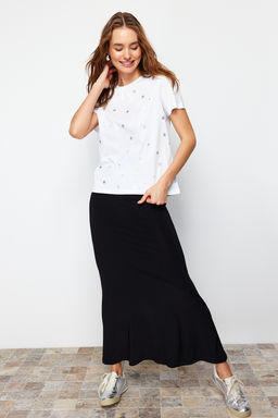 Beyaz %100 Kal?n Pamuklu Varak Y?ld?z Bask?l? Regular Kal?p Orme T-Shirt TWOSS20TS0757