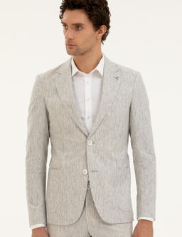 A__k Gri Slim Fit Keten Kar___ml_ Ceket