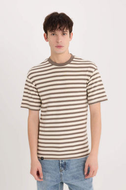 Comfort Regular Fit Rahat Kal?p Bisiklet Yaka Cizgili K?sa Kollu Ag?r Kumas Tisort - Defacto фото 9