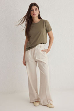 Haki %100 Pamuk Kontrast Dikis Detayl? Basic Bisiklet Yaka Orme T-Shirt TWOSS19AD0085