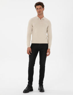 Krem Melanj Slim Fit Polo Yaka Fermuarl_ Basic Triko Kazak - Pierre cardin фото 4