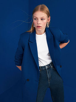 ?nden D??me Kapamal? D?z Uzun Kollu Gabardin Kad?n Blazer Ceket