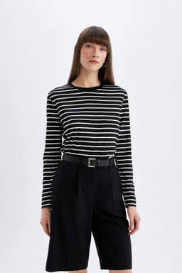Женская повседневная полосатая футболка обычного кроя с круглым вырезом и длинными рукавами - Defacto фото 3