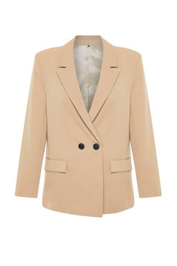 Camel Oversize Duz Kesim Basic Kruvaze Dokuma Blazer Ceket TWOSS24BC00028