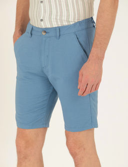 Koyu Mavi Slim Fit Keten Kar___ml_ Beli Lastikli Bermuda _ort