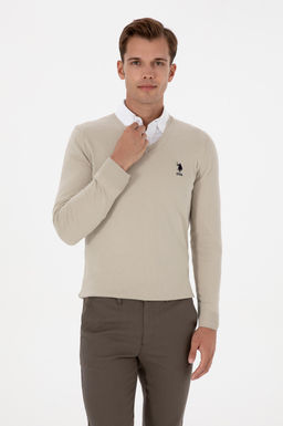 Erkek Slim Fit V Yaka A__k Haki Basic Kazak