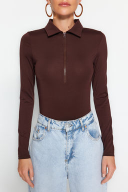 Kahverengi Fermuar Yaka Detayl? Alttan C?tc?tl? Esnek Orme Body TWOAW24BD00005
