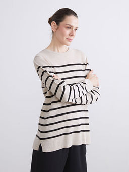 Bisiklet Yaka ?izgili Kad?n Triko Kazak