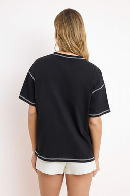 Siyah %100 Pamuk Karkoya Dikis Detayl? Oversize/Genis Kesim Orme T-Shirt TWOSS24TS00184