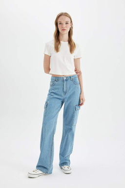 Длинные джинсовые брюки с широкими штанинами и высокой талией в стиле 90-х годов - Defacto фото 5