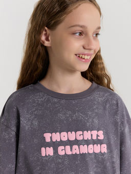 Сорочка ночная для девочек серая с принтом и надписью thoughts in glamour - Mark formelle фото 3
