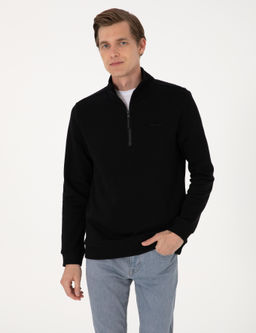 Siyah 3 _plik Regular Fit Fermuarl_ Dik Yaka Basic Sweatshirt