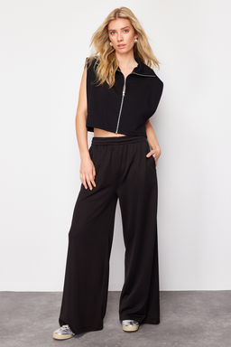 Siyah Relaxed/Rahat Kal?p Fermuarl? Dik Yaka Ay Kol Kal?n Yelek TWOSS24YE00011