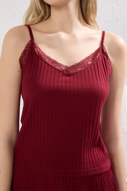 Trendyolmilla Bordo Dantel Detayl? Ip Ask?l? Fitilli Sortlu Orme Pijama Tak?m? THMSS25PT00172 фото 3