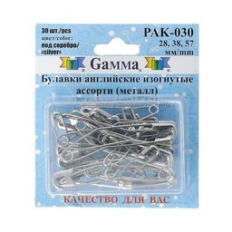 Булавки английские "Gamma" PAK-030 изогнутые ассорти под серебро сталь в блистере 30 шт 28мм, 38мм, 57мм