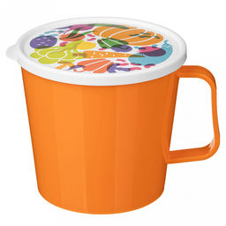 Контейнер-кружка пластмассовый 0,75л, д11,2см, 10,5см, с крышкой, с клапаном, полипропилен, микс 1: зеленый, оранжевый, с декором, подходит для СВЧ (Россия)