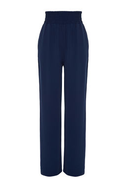 Lacivert Wide Leg/Genis Paca Beli Lastikli Dokuma Pantolon TWOSS22PL00024