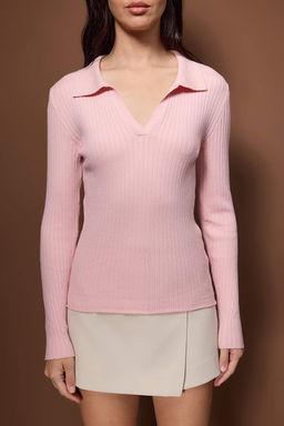 Wardrobe Essentials Pudra Premium IplikPolo Yaka Fitilli Triko Kazak | TWOAW26KZ00077