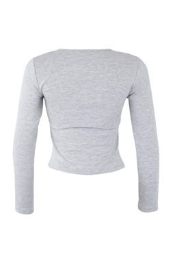 Gri Melanj Fitted/Vucuda Oturan Yar?m Fermuarl? Cift Katl? Orme Bluz TWOAW26BZ00031