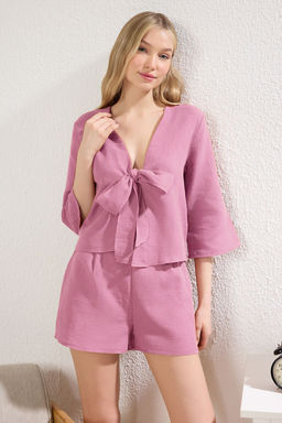 Pembe %100 Pamuklu Baglama/Kurdele/Fiyonk Detayl? Muslin Sortlu Dokuma Pijama Tak?m? THMSS24PT00077