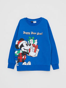 Bisiklet Yaka Mickey Mouse Bask?l? Y?lba?? Temal? Uzun Kollu Erkek ?ocuk Sweatshirt