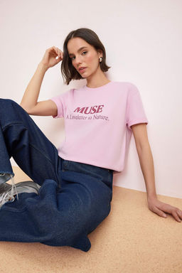 Pembe Slogan Oversize/Genis Kal?p Dusuk Kol K?sa Kollu %100 Pamuk Orme T-Shirt TWOSS26TS00190 - Trendyolmilla фото 2