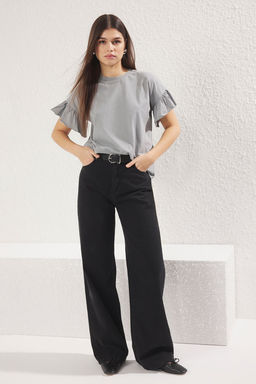 Gri %100 Pamuk F?rf?r Detayl? Basic Bisiklet Yaka Orme T-Shirt TWOSS22TS2429